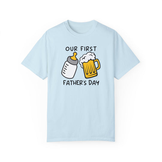 A relaxed fit Our First Father's Day Tee, garment-dyed with ring-spun cotton for coziness. Double-needle stitching for durability, no side-seams for shape retention. Medium weight, perfect for daily wear.