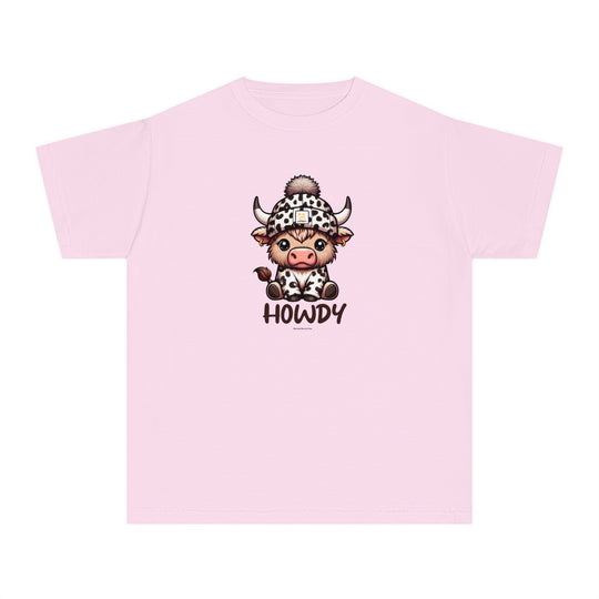 A pink kid's tee with a cartoon cow, ideal for active days. Made of soft combed cotton for comfort. Classic fit for all-day wear. From Worlds Worst Tees, the Howdy Kids Tee.
