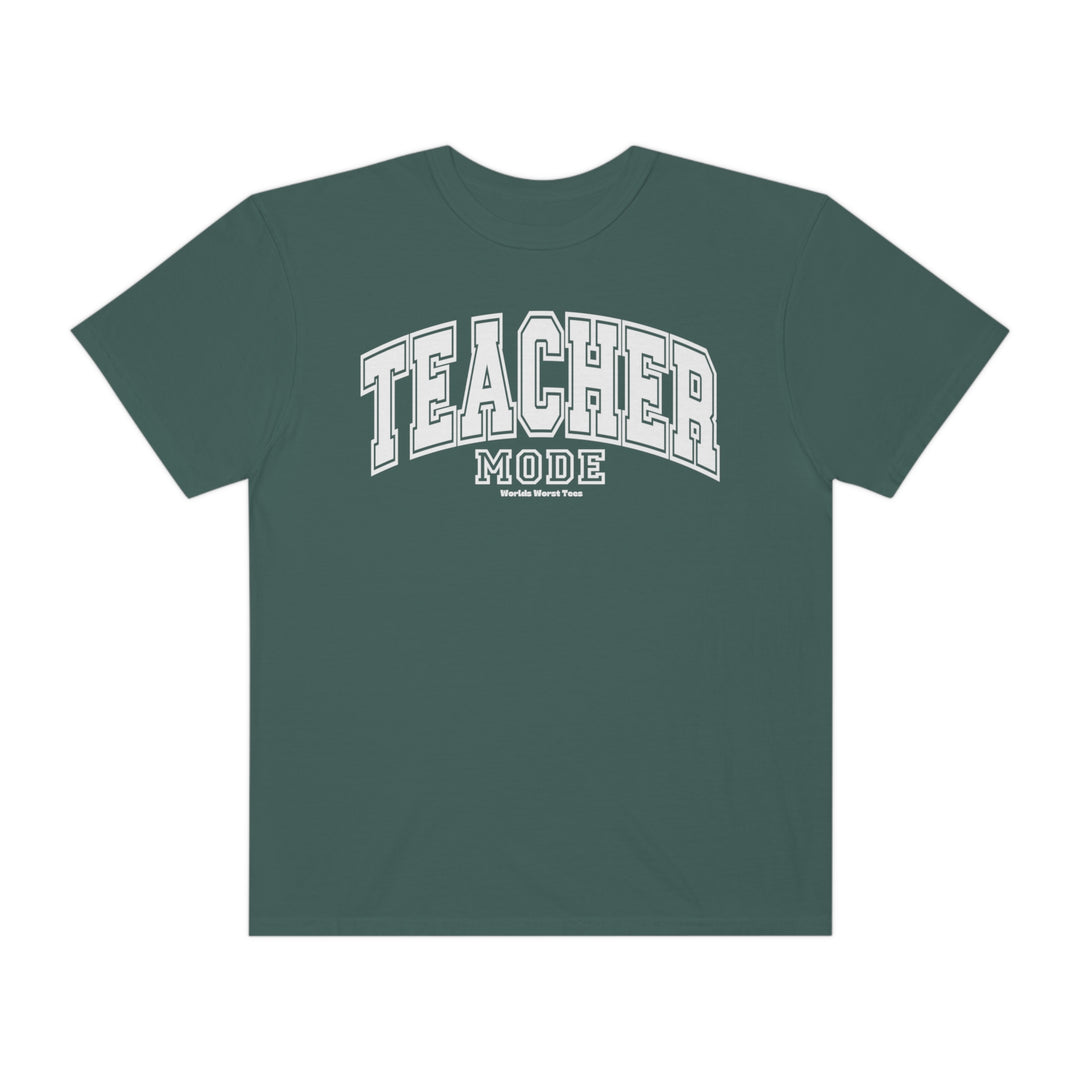 Unisex Teacher Mode Tee, green shirt with white text, 80% ring-spun cotton, 20% polyester, relaxed fit, rolled-forward shoulder, medium-heavy fabric.