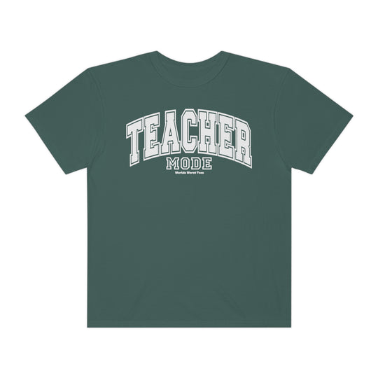 Unisex Teacher Mode Tee, green shirt with white text, 80% ring-spun cotton, 20% polyester, relaxed fit, rolled-forward shoulder, medium-heavy fabric.