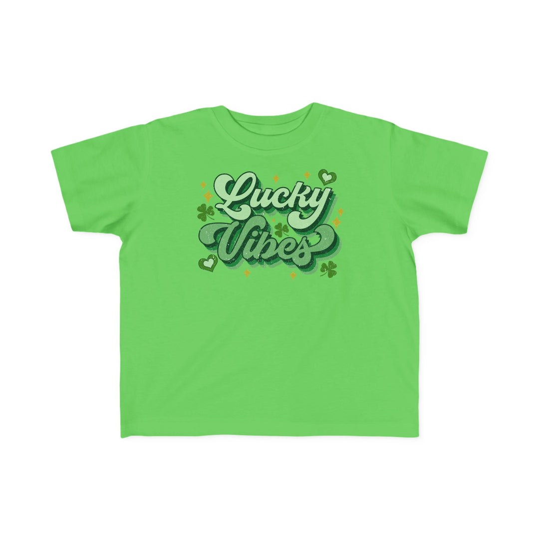 Good Day Lucky Day Toddler's Tee featuring a playful green design with text, perfect for sensitive skin, made from soft, durable cotton.