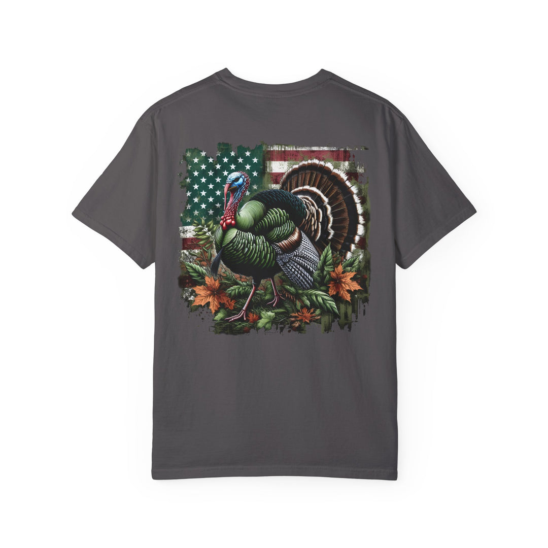 A relaxed fit Turkey Hunting Tee, 100% ring-spun cotton, garment-dyed for coziness. Double-needle stitching for durability, tubular shape with no side-seams. Sizes S-3XL.