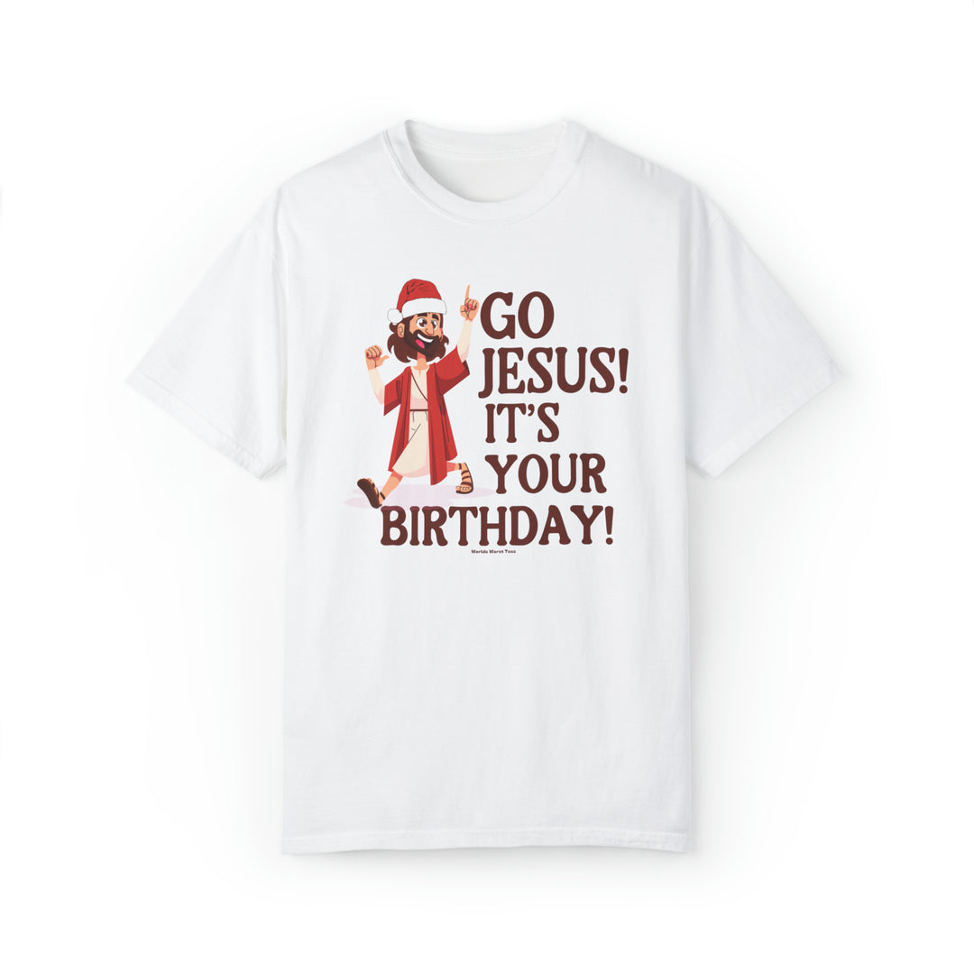 Unisex Go Jesus it's your birthday Tee on white shirt, featuring a cartoon character pointing up. Made of 80% ring-spun cotton, 20% polyester, with relaxed fit and rolled-forward shoulder for comfort.