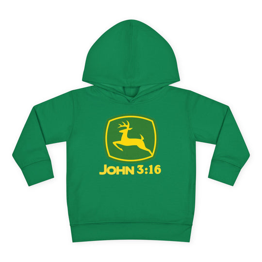 John 3:16 Toddler Hoodie with yellow leaping-deer emblem, jersey-lined hood, and side pockets, designed for comfort and durability. Available in sizes 2T to 5-6T.