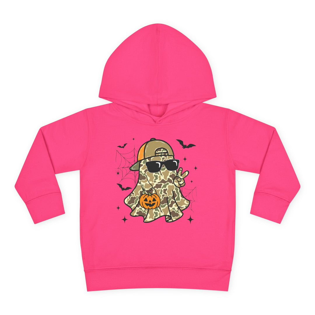 Candy Ghost Toddler Hoodie: A pink hoodie featuring a camo ghost with sunglasses and cap, holding a jack-o’-lantern, surrounded by bats and spiderwebs.