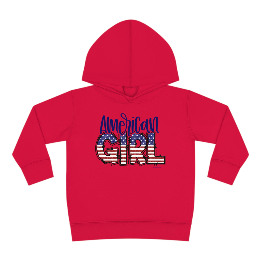 American Girl Toddler Hoodie with flag and logo details, featuring a jersey-lined hood and cover-stitched accents for durability and coziness. Ideal for active kids. Dimensions: 2T - 15.62L x 14.50W x 12.00S. From Worlds Worst Tees.