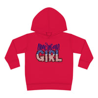 American Girl Toddler Hoodie with flag and logo details, featuring a jersey-lined hood and cover-stitched accents for durability and coziness. Ideal for active kids. Dimensions: 2T - 15.62L x 14.50W x 12.00S. From Worlds Worst Tees.