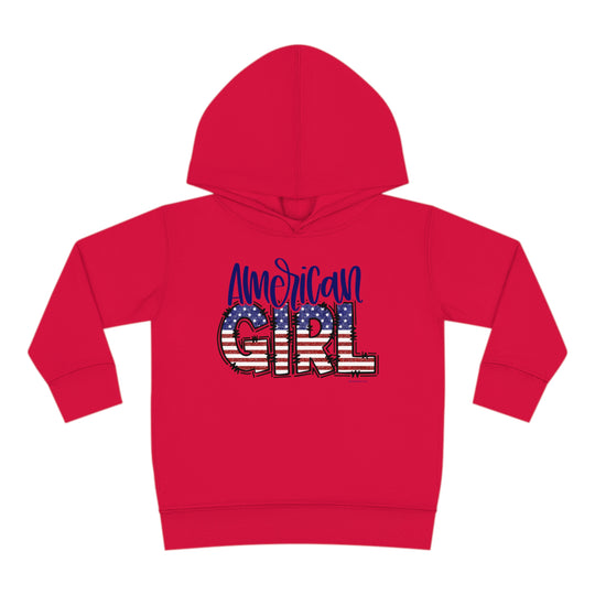 American Girl Toddler Hoodie with flag and logo details, featuring a jersey-lined hood and cover-stitched accents for durability and coziness. Ideal for active kids. Dimensions: 2T - 15.62L x 14.50W x 12.00S. From Worlds Worst Tees.