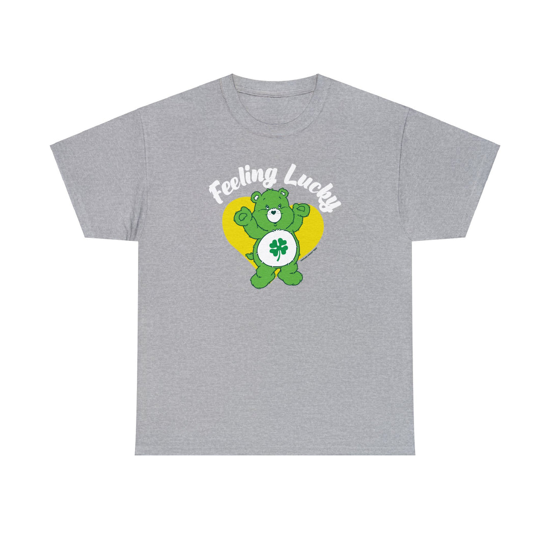 Feeling Lucky Tee: Grey t-shirt featuring a green bear with a clover, perfect for casual style. Unisex heavy cotton tee with ribbed knit collar, no side seams, and durable tape on shoulders. Classic fit, 100% cotton.