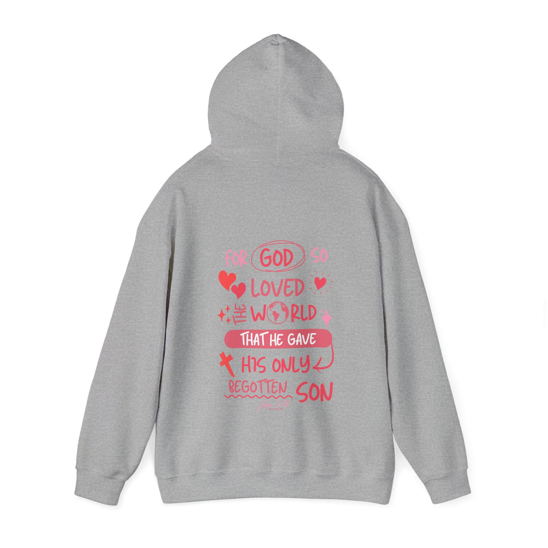 A cozy John 3:16 Hoodie, featuring red text on a grey sweatshirt. Unisex heavy blend, cotton-polyester fabric for warmth and comfort. Kangaroo pocket and matching drawstring for style and practicality.