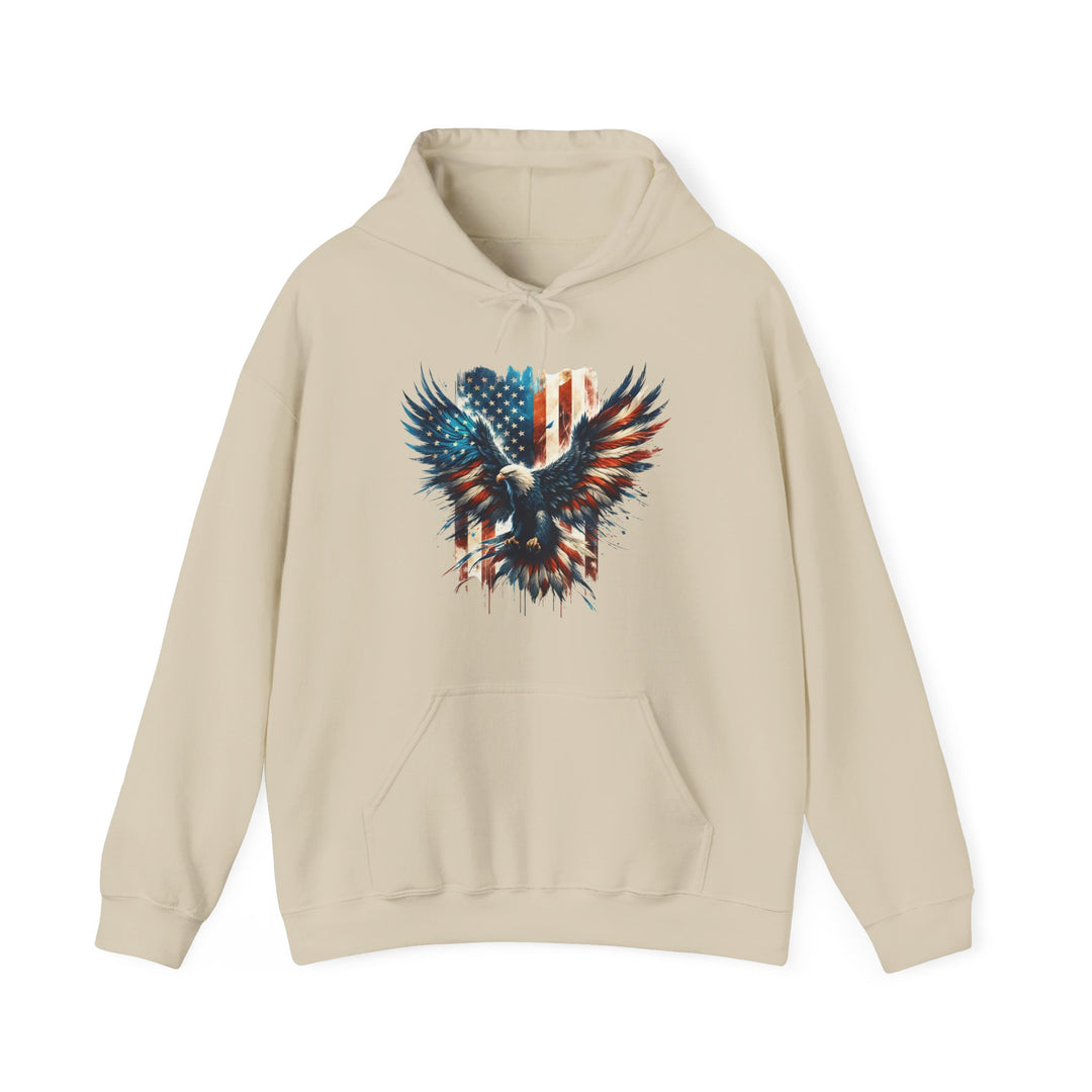 A beige American Eagle Hoodie, featuring an eagle and flag design. Unisex heavy blend sweatshirt with kangaroo pocket, cotton-polyester fabric, and classic fit. Ideal for cozy comfort and printing.