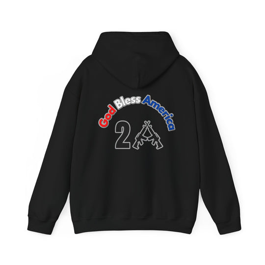 A black God Bless America 2A hoodie with a logo on it, featuring a kangaroo pocket and drawstring hood. Unisex heavy blend of cotton and polyester for warmth and comfort. Classic fit, tear-away label, true to size.