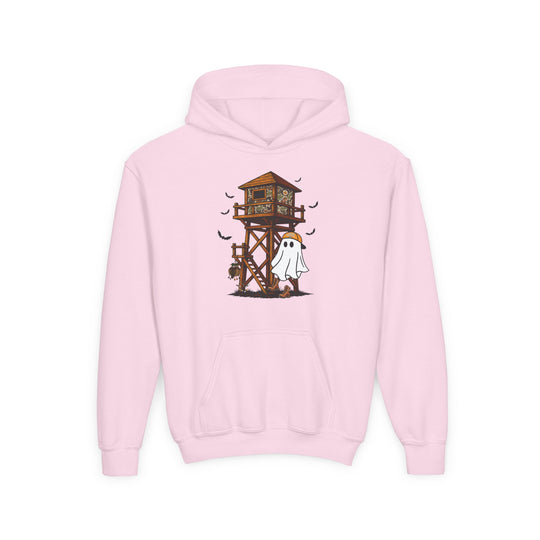 Ghost Hunter Youth Hoodie with a playful Halloween-hunting design featuring a camo-clad ghost, bats, and a decorated deer stand, perfect for a unique, spooky style.