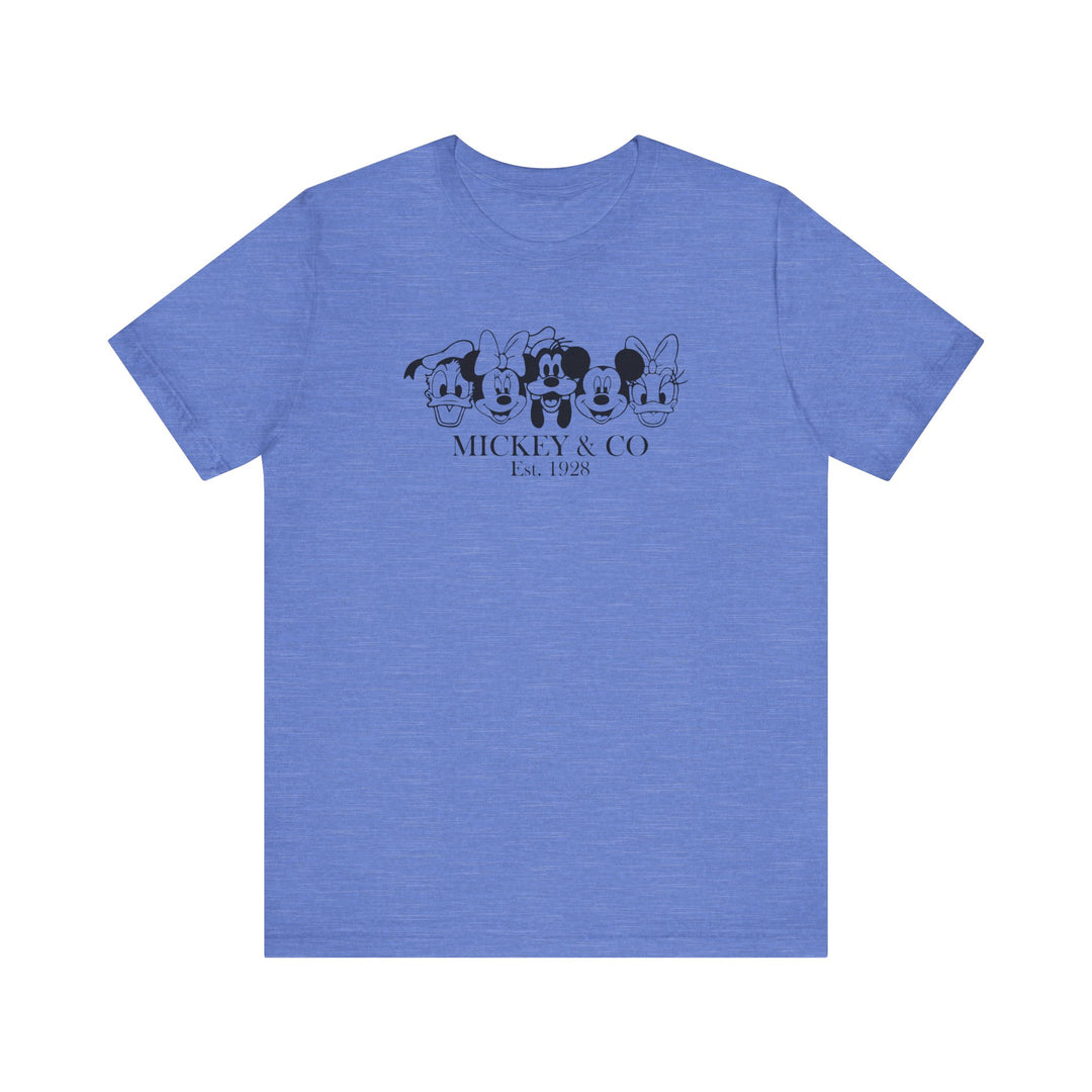 Mickey and CO Tee, a classic unisex jersey short sleeve shirt with ribbed knit collars and tapered shoulders, ideal for casual wear.
