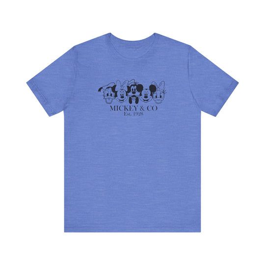 Mickey and CO Tee, a classic unisex jersey short sleeve shirt with ribbed knit collars and tapered shoulders, ideal for casual wear.