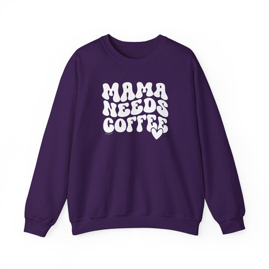 Unisex Mama Needs Coffee Crew sweatshirt, a cozy blend of cotton and polyester. Ribbed knit collar, no itchy seams, loose fit, medium-heavy fabric. Sizes S-5XL. Ideal for comfort in any situation.