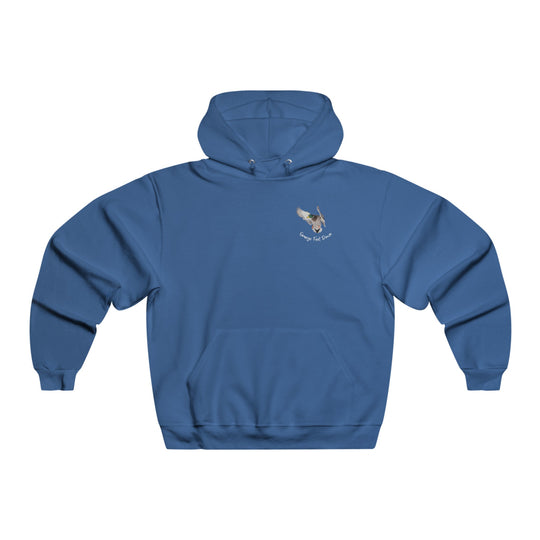 A blue sweatshirt featuring a cat design, JERZEES NuBlend® Hooded Sweatshirt 996MR. Made of 50% cotton and 50% polyester, with a front pouch pocket and high-stitch density for smooth printing.