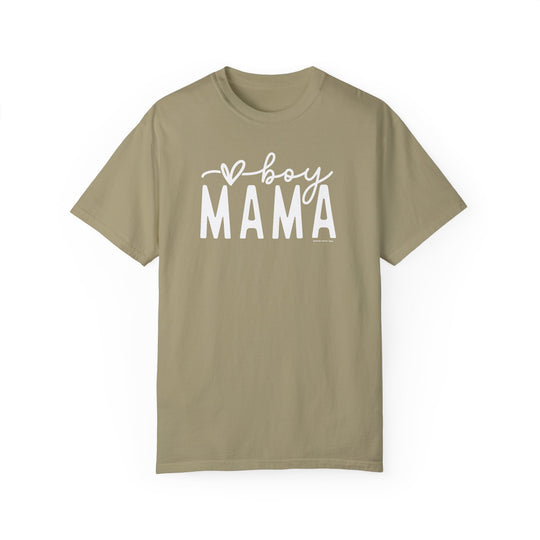 A tan Boy Mama Tee, 100% ring-spun cotton, garment-dyed for coziness. Relaxed fit, double-needle stitching for durability, no side-seams for shape retention. Medium weight, ideal for daily wear.