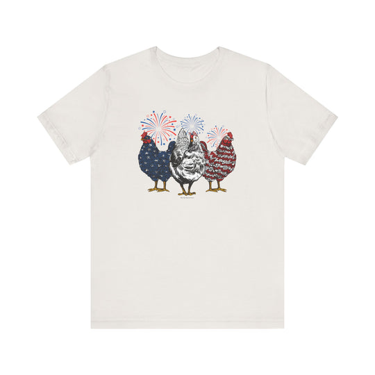 A white t-shirt featuring a playful design with chickens and fireworks, embodying a fun and unique style. Made of soft 100% cotton, with ribbed knit collars and taping on shoulders for lasting comfort.