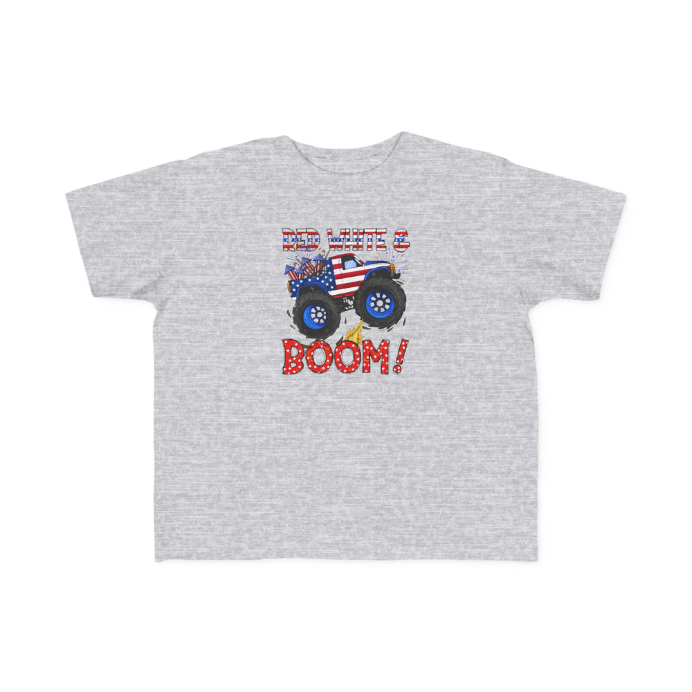Red White and Boom Toddler Tee featuring a grey t-shirt with a tractor image, perfect for sensitive skin. 100% combed ringspun cotton, light fabric, tear-away label, classic fit, true to size.