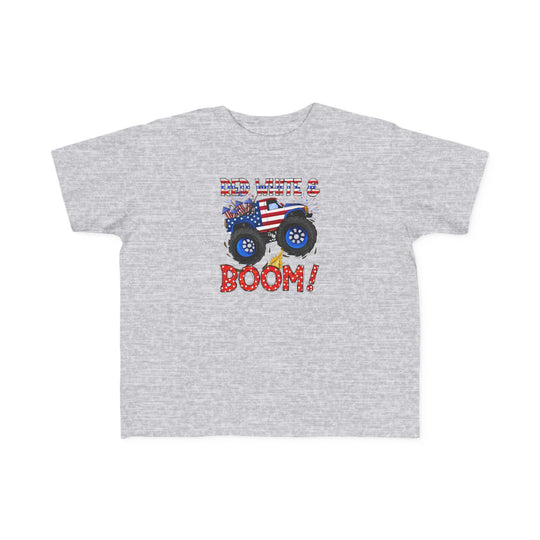 Red White and Boom Toddler Tee featuring a grey t-shirt with a tractor image, perfect for sensitive skin. 100% combed ringspun cotton, light fabric, tear-away label, classic fit, true to size.