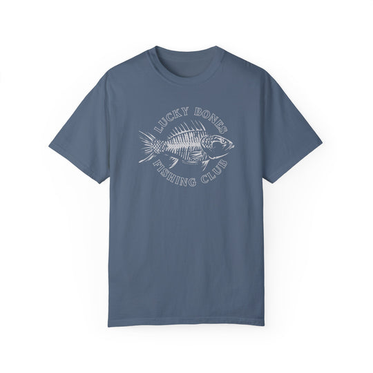 A Lucky Bones Fishing Club Tee, a blue t-shirt with a fish skeleton design. 100% ring-spun cotton, garment-dyed for extra coziness, with double-needle stitching for durability and a relaxed fit.