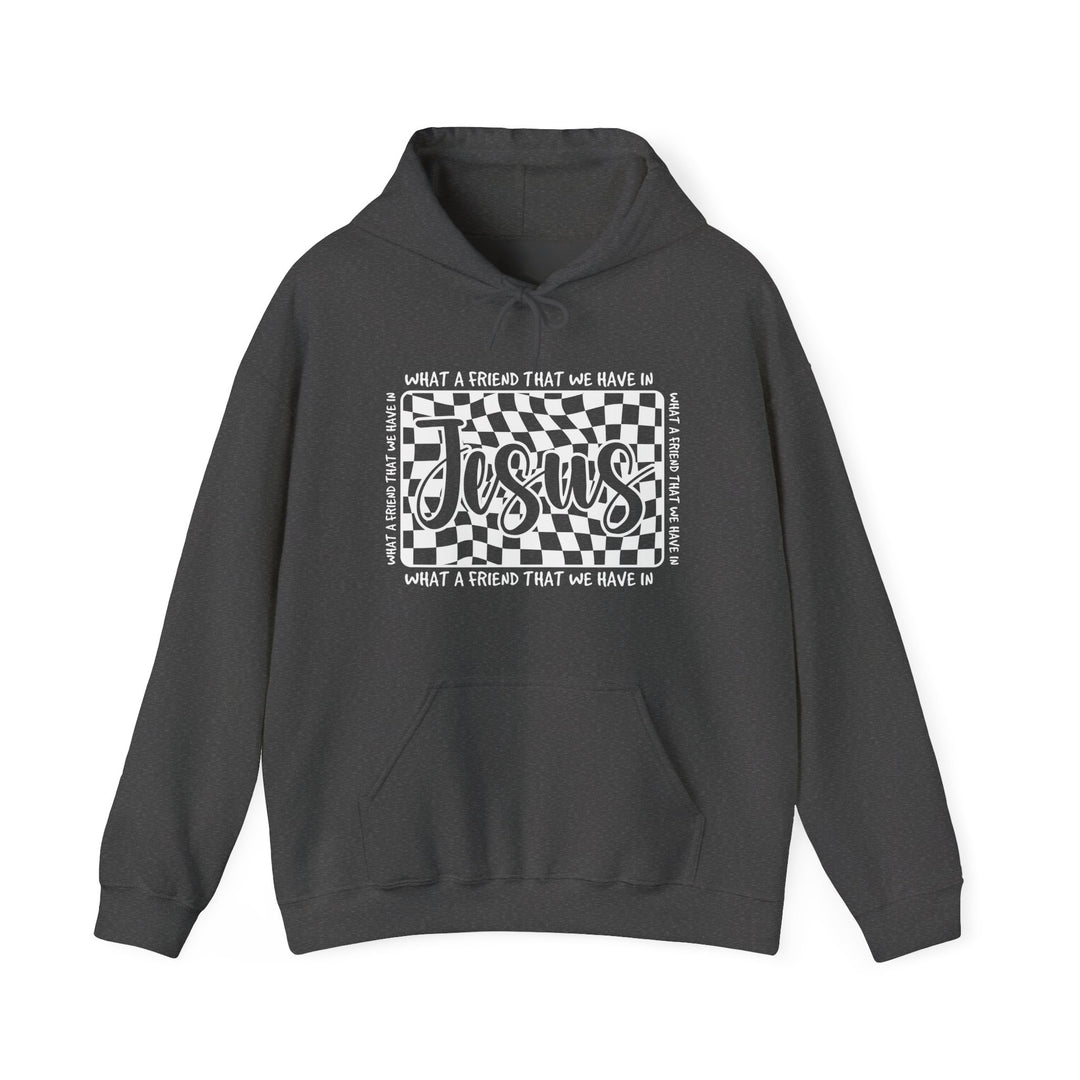 Dark charcoal What a Friend We Have in Jesus hoodie with a wavy checkerboard design and bold Jesus script, featuring a kangaroo pocket and matching drawstring.