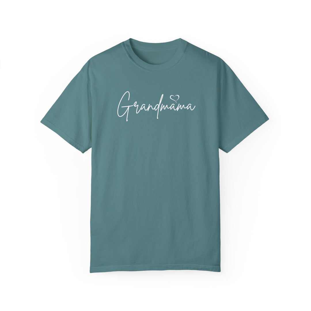 Grandmama Tee: A relaxed fit, garment-dyed t-shirt in blue with white text. Made of 100% ring-spun cotton for coziness and durability. Perfect for daily wear. From Worlds Worst Tees.