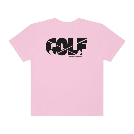 A relaxed-fit Golf Tee in pink with black text. Made of 100% ring-spun cotton, garment-dyed for extra coziness. Durable double-needle stitching, tubular shape. Ideal for daily wear.