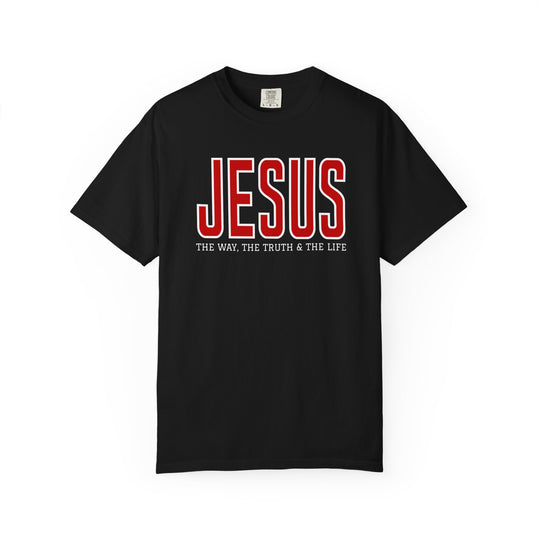 Black short-sleeve T-shirt with JESUS in large red letters, THE WAY, THE TRUTH & THE LIFE beneath, showcasing a bold, faith-inspired design.