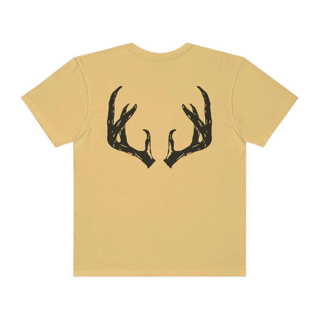 Antler Tee: Back view of a black t-shirt with antlers design. 100% ring-spun cotton, garment-dyed for coziness. Relaxed fit, double-needle stitching for durability. No side-seams for a tubular shape. From Worlds Worst Tees.