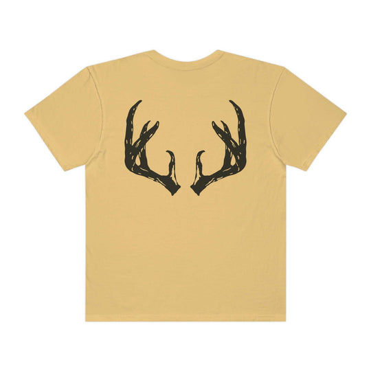 Antler Tee: Back view of a black t-shirt with antlers design. 100% ring-spun cotton, garment-dyed for coziness. Relaxed fit, double-needle stitching for durability. No side-seams for a tubular shape. From Worlds Worst Tees.
