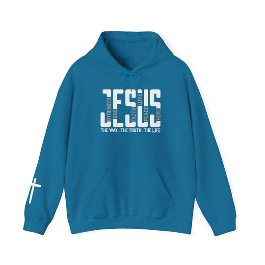A blue unisex Jesus Hoodie, a cozy blend of cotton and polyester, featuring a kangaroo pocket and matching drawstring hood. Perfect for chilly days with a classic fit and tear-away label.