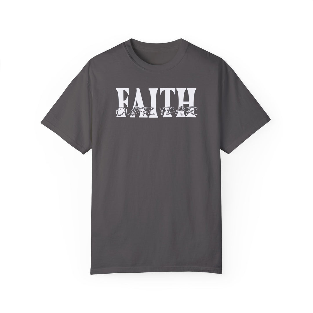 A ring-spun cotton Faith Over Fear Tee in grey with white text. Garment-dyed for coziness, featuring a relaxed fit, double-needle stitching, and no side-seams for durability and shape retention.