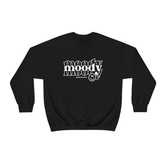 Moody Crew unisex heavy blend crewneck sweatshirt, featuring a black fabric with white text logo. Ribbed knit collar, 50% cotton, 50% polyester, loose fit, medium-heavy fabric. Ideal comfort for any occasion.