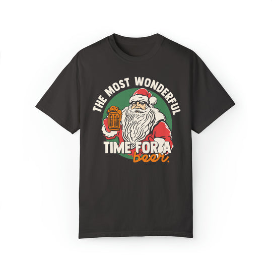 A black tee featuring Santa Claus holding a beer, perfect for festive fun. Unisex, relaxed fit, 80% ring-spun cotton, 20% polyester blend, with rolled-forward shoulders. From Worlds Worst Tees.