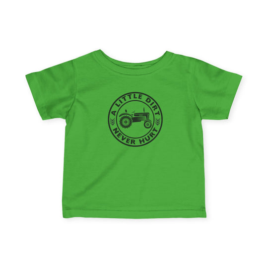 Toddler T-shirt with a tractor graphic and slogan A LITTLE DIRT NEVER HURT, showcasing comfort and durability, perfect for active young ones.