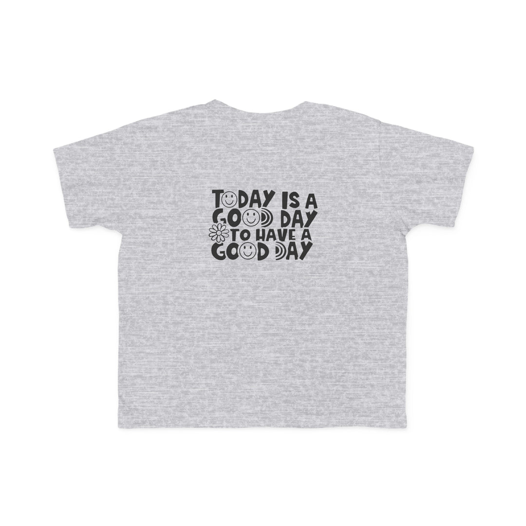 Toddler tee with black text on grey fabric, featuring a durable, high-quality print. Soft 100% combed ring spun cotton for sensitive skin. Perfect for little adventurers. Classic fit, tear-away label, true to size.