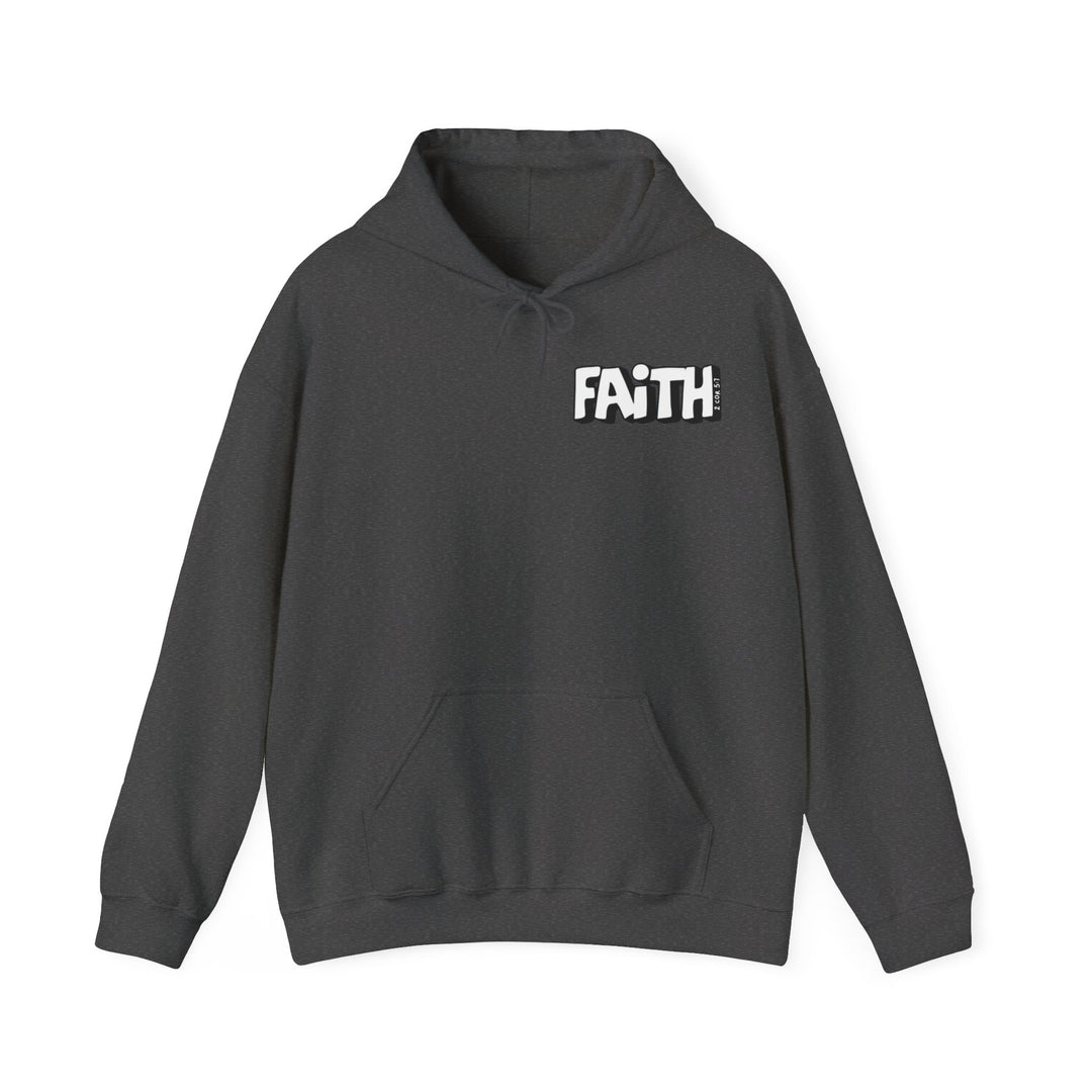 Unisex heavy blend hooded sweatshirt featuring Walk By Faith Not By Sight text. Cotton-polyester mix for comfort and warmth. Kangaroo pocket, no side seams, tear-away label. From Worlds Worst Tees.