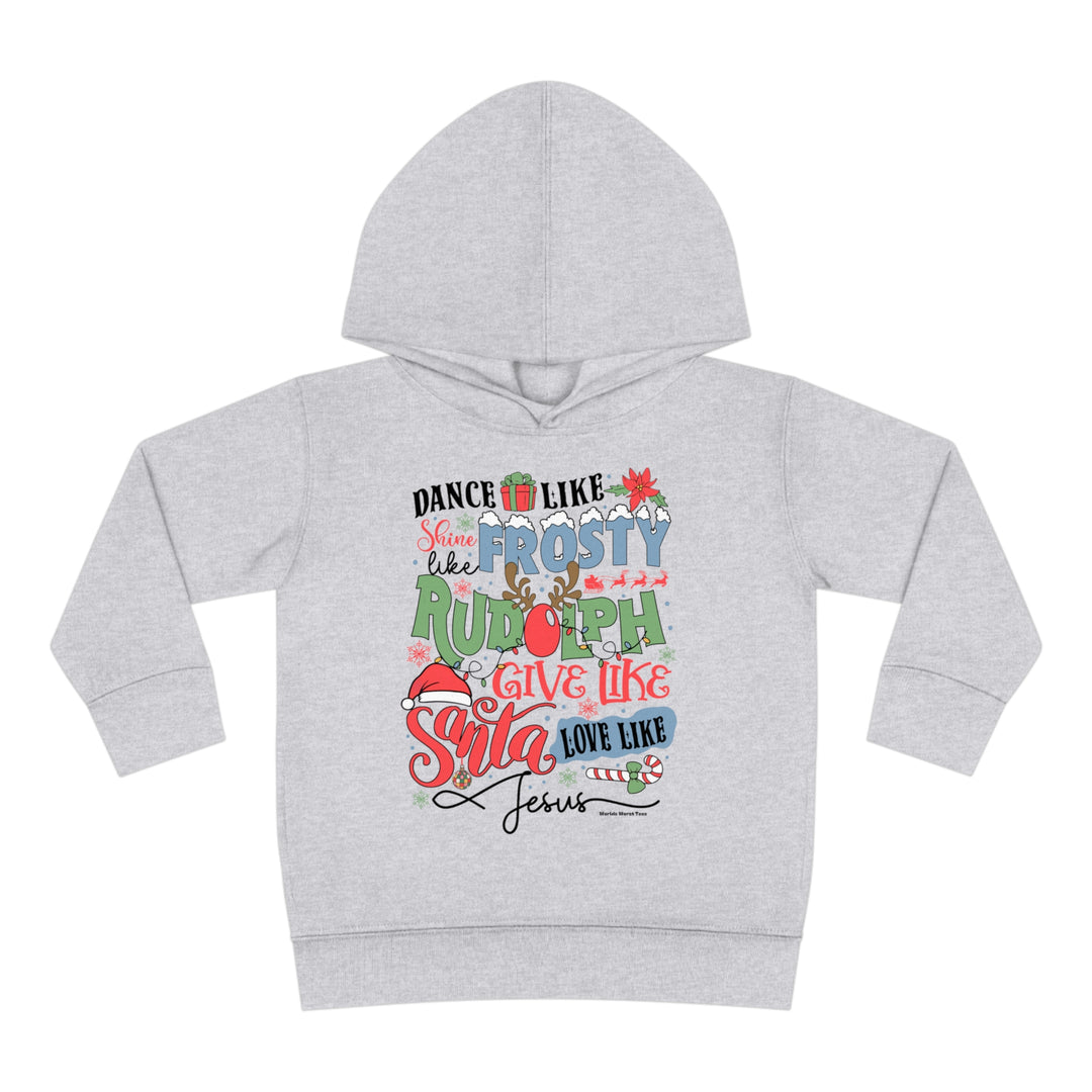A toddler hoodie featuring Frosty Rudolph Santa Jesus design, with jersey-lined hood, cover-stitched details, and side-seam pockets for coziness. Made of 60% cotton, 40% polyester blend for durability and comfort.