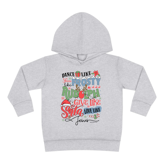 A toddler hoodie featuring Frosty Rudolph Santa Jesus design, with jersey-lined hood, cover-stitched details, and side-seam pockets for coziness. Made of 60% cotton, 40% polyester blend for durability and comfort.