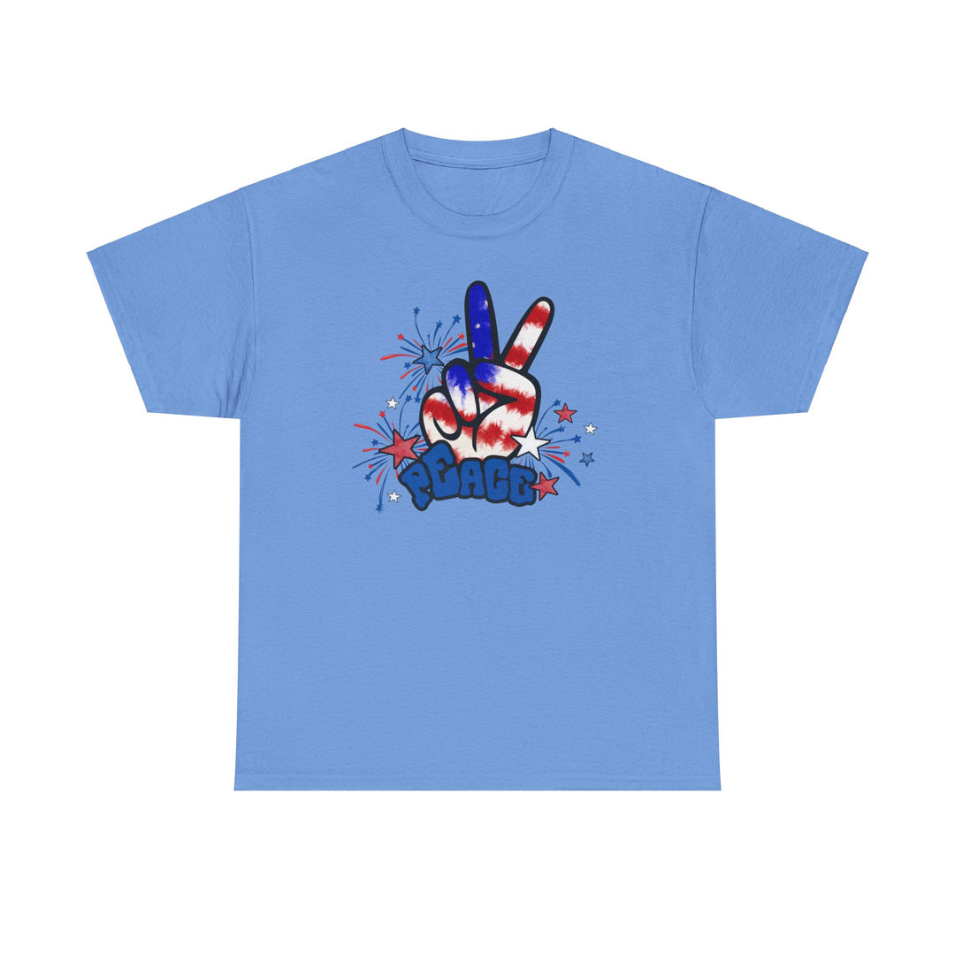 Unisex Peace America Tee: Blue t-shirt featuring a hand gesture with a peace sign. Basic staple with no side seams, ribbed knit collar, and durable tape on shoulders. Medium weight, classic fit.