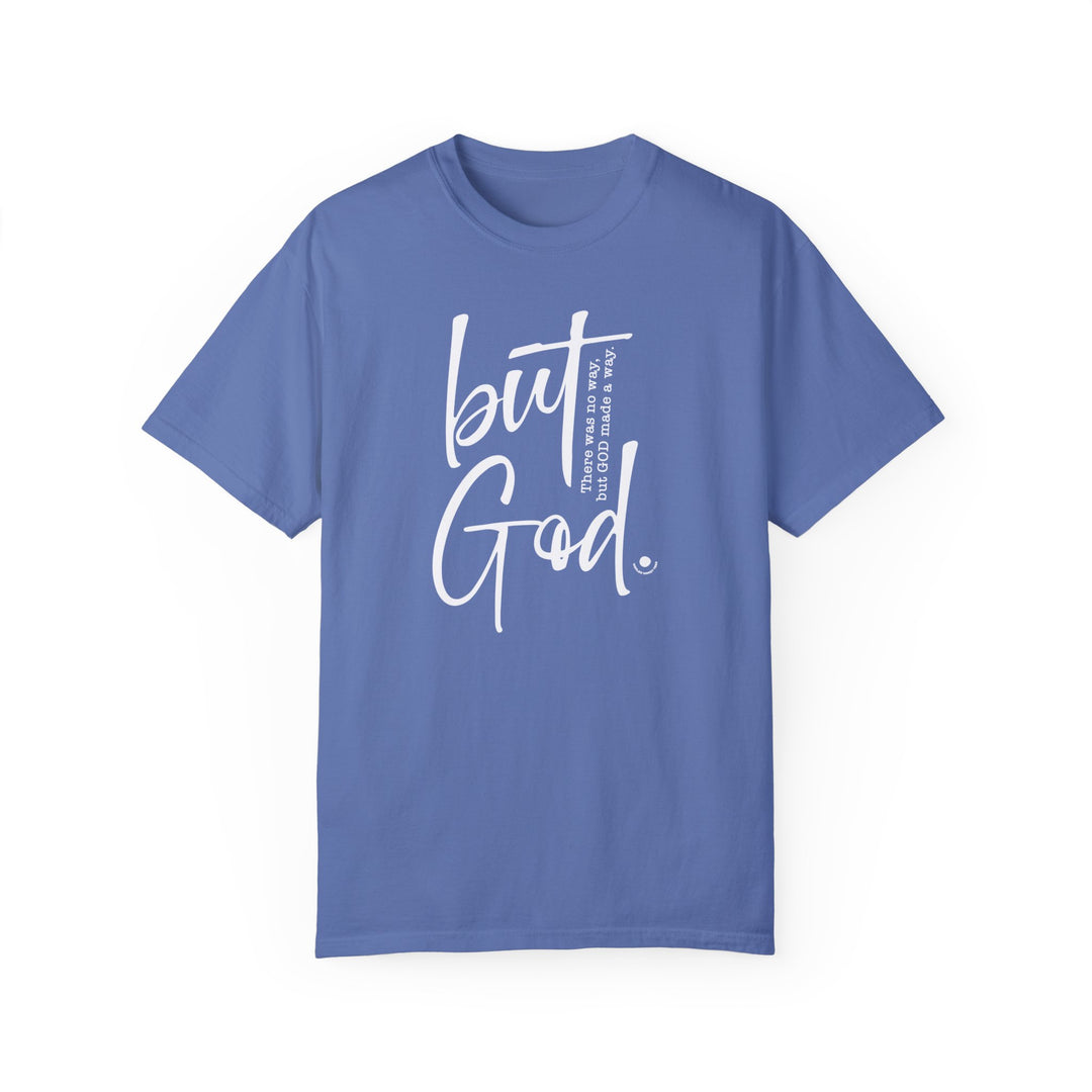 A relaxed fit But God Tee, crafted from 100% ring-spun cotton. Garment-dyed for extra coziness, featuring double-needle stitching for durability and a seamless design for a sleek look. From Worlds Worst Tees.