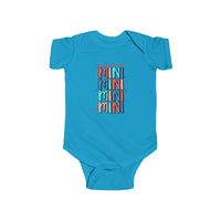 American Mini Onesie: A blue baby bodysuit with text, made of 100% cotton for durability and softness. Features ribbed knitting for durability and plastic snaps for easy changing access.