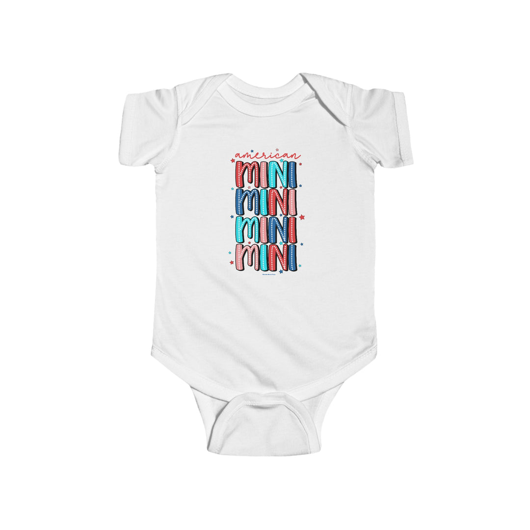 American Mini Onesie, a white baby bodysuit with colorful text, ideal for infants. 100% cotton fabric, ribbed knitting for durability, and plastic snaps for easy changing access. From Worlds Worst Tees.