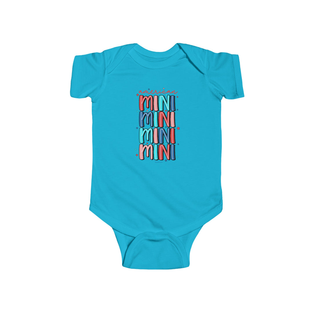 American Mini Onesie infant fine jersey bodysuit with ribbed knit bindings, plastic snaps, 100% cotton fabric. From Worlds Worst Tees, known for unique graphic tees.