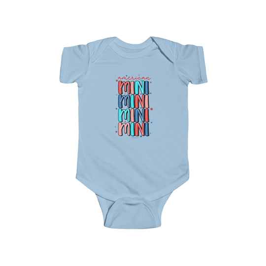 American Mini Onesie, blue baby bodysuit with text, 100% cotton, 4.5 oz fabric, ribbed knitting for durability, plastic snaps for easy changing.