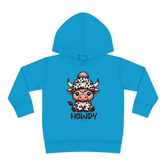Toddler hoodie featuring a cartoon cow design, jersey-lined hood, and side seam pockets for lasting coziness. 60% cotton, 40% polyester blend. Designed for comfort and durability. Dimensions: 2T - 15.62L x 14.50W, 4T - 16.62L x 15.50W, 5-6T - 17.62L x 16.50W.
