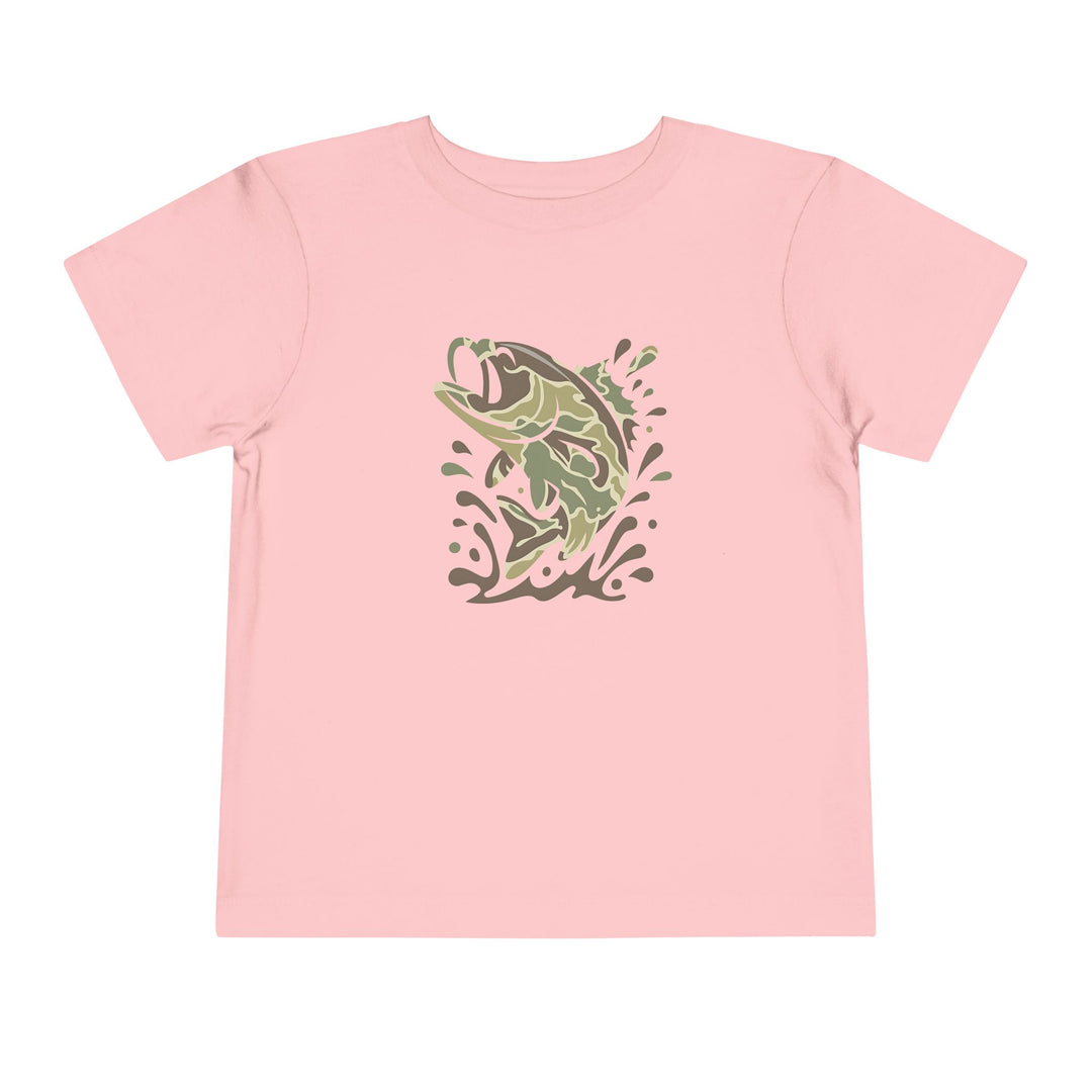 Camo Fish Toddler Tee: Light pink short-sleeve T-shirt featuring a graphic of a bass leaping from water in green tones, crafted for toddler comfort.