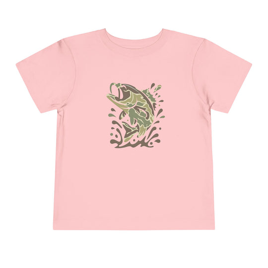 Camo Fish Toddler Tee: Light pink short-sleeve T-shirt featuring a graphic of a bass leaping from water in green tones, crafted for toddler comfort.